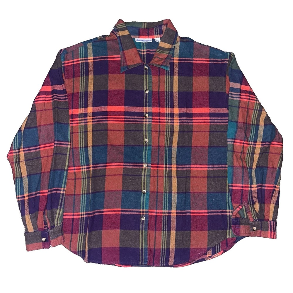 Vintage 80s David Brooks Multi-colored Plaid Cotton Shirt Size 14 Womens Flannel